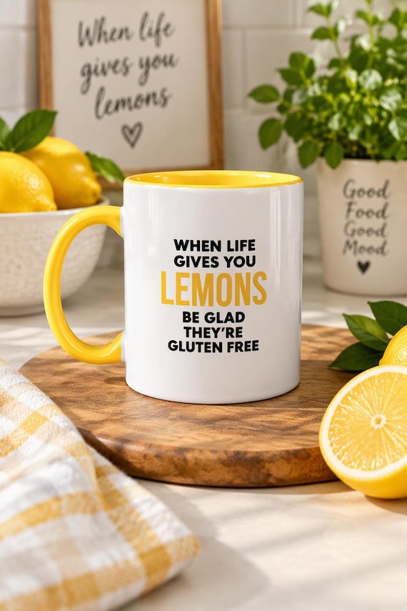Funny Gluten-Free Mug | Yellow or Black Coffee Mug with Saying | When Life Gives You Lemons Be Glad They're Gluten Free | Celiac Disease