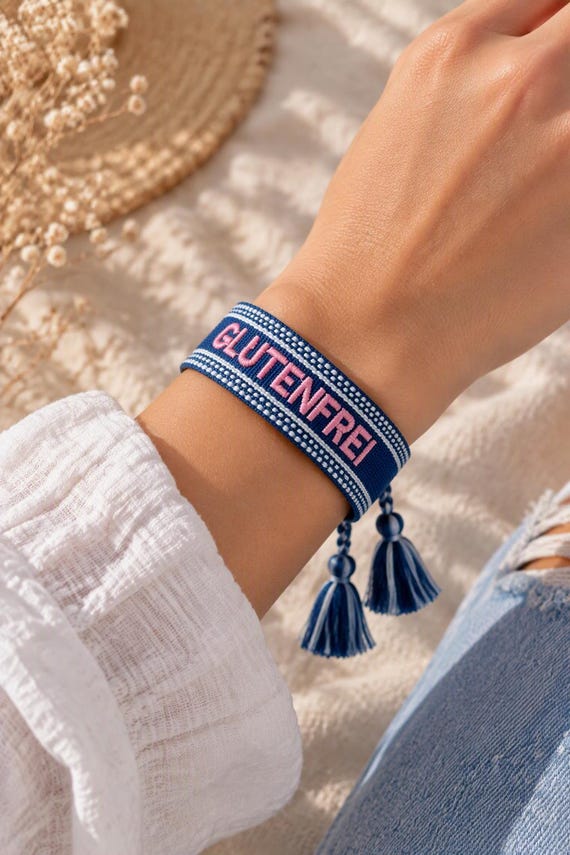 Gluten-free bracelet in blue | Embroidered fabric bracelet | Gift for children & adults with celiac disease