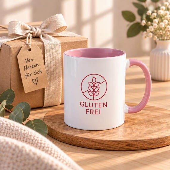Gluten-free mug | Pink ceramic mug with gluten-free symbol | Celiac disease gift | Coffee and tea mug