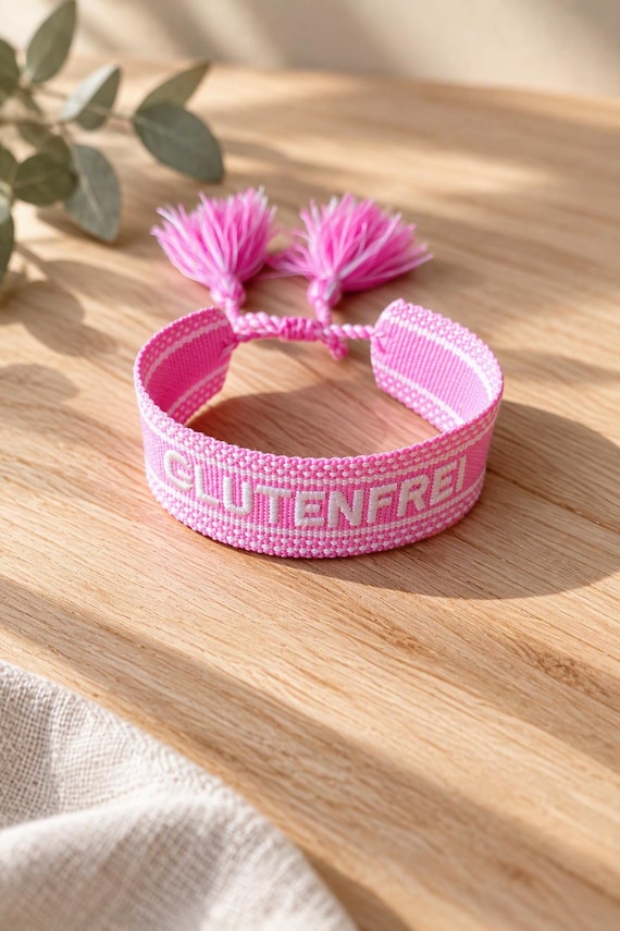 Gluten-free bracelet in pink | Embroidered fabric bracelet | Gift for children & adults with celiac disease