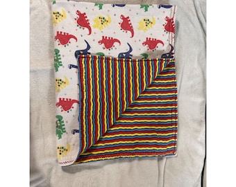 Dinosaurs & Striped Reversible Baby Blanket Cotton 40 x 30 No Tag EUC READ