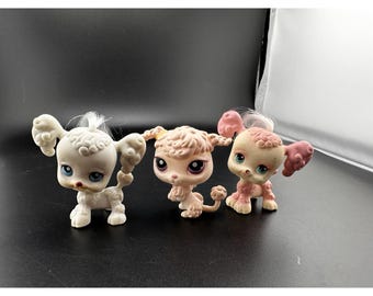 Littlest Pet Shop LPS Poodles Puppy Dogs Pink White Hair Lot 3 Hasbro Authentic
