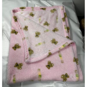 Pink Fleece Vtg baby security blanket 40x30 brown bears lovey VERY RARE