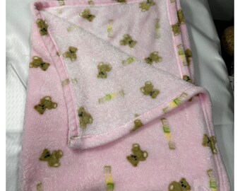 Pink Fleece Vtg baby security blanket 40x30 brown bears lovey VERY RARE