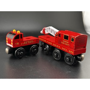 Thomas Wooden Railway Vtg 2001 Fire Truck And Train Engine Learning Curve Lot 2