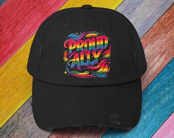 Distressed Cap LGBT Pride Proud Straight Ally Hat LGBTQIA Supportive Baseball Cap 100% cotton twill Unisex Distressed Trucker Cap Vintage