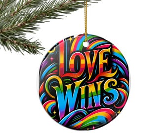 Adorno de cerámica "Love Wins" para árbol de Navidad, diseño del orgullo arcoíris LGBTQIA+