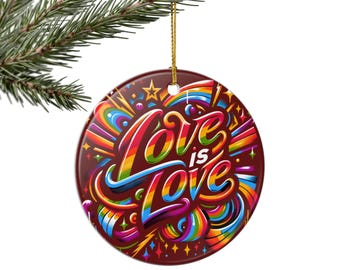 Adorno navideño de cerámica "Love Is Love" con el orgullo arcoíris LGBTQIA+