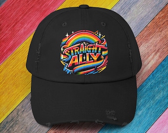 Distressed Cap, LGBT Pride Straight Ally Hat, LGBTQIA Supportive Baseball Cap, Unisex Distressed Trucker Cap, Pride Parade Hat, Vintage