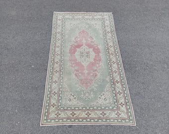 Handmade Wool Turkish Runner Rug: Vintage Oushak Design (3.3x6.4)