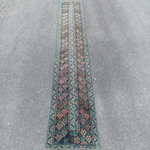 May include: A long, narrow runner rug featuring a dark navy blue background with a repeating pattern of stylised grape clusters in shades of orange, pink, and green. The rug is framed by a light blue border with a geometric zigzag line design.