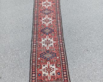 2x8 Vintage Heriz Runner Rug: Handmade Wool Persian Hallway Carpet