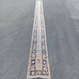 May include: A long, narrow runner rug featuring a central beige field with faded floral motifs in muted pink, blue, and green. The rug is framed by a wide, dark navy blue border decorated with repeating floral patterns in pink and light beige tones.