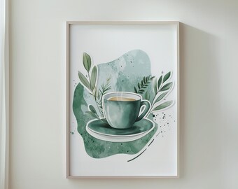 Tea Theme Decor, Green Tea Cup Wall Art, Nature Inspired Art, Artistic Tea Cup, Contemporary Art, Unique Wall Decor