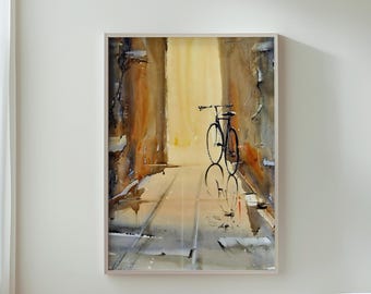 Arte della bicicletta ad acquerello, decorazione murale urbana nostalgica, stampa di bicicletta, opera d'arte di biciclette d'epoca, arredamento per la casa, regalo per ciclisti, arte per gli amanti della bicicletta