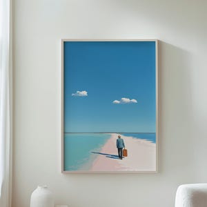 Surreal Wall Art, Beach Art Print, Modern Surreal Art, Man Walking on Beach, Blue Sky Decor, Unique Wall Decor, Fine Art Print image 1