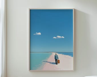 Surreal Wall Art, Beach Art Print, Modern Surreal Art, Man Walking on Beach, Blue Sky Decor, Unique Wall Decor, Fine Art Print