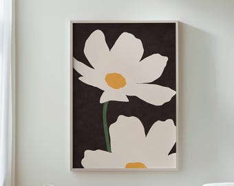 Moderne muurkunst, minimalistisch decor, witte bloemen op donkere achtergrond, bloemenprint, woondecoratie, abstracte kunst, wanddecoratie