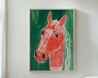 Abstract Red Horse Portrait, Boho Style Decor, Scandinavian Wall Art, Botanical Artwork, Green Background, Unique Home Decor