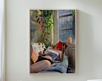 Cozy Home Decor, Reading Art Print, Book Lover Poster, Lazy Afternoon Reading, Wall Art, Home Decor, Gift for Book Lovers