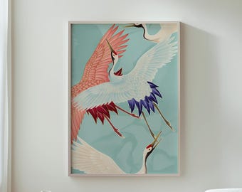 Crane Wall Decor, Colorful Bird Art, Nature Wall Art, Flying Cranes Print, Blue Background Art, Vibrant Wall Decor for Home