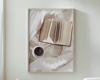 Coffee Art Print, Book Decor, Morning Aesthetic Wall Art, Cozy Home Decor, Reading Nook Decor, Coffee Lover Gift, Literary Wall Decor