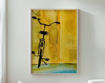 Minimalist Wall Art, Yellow Bicycle Print, Bike Wall Decor, Cycling Art Print, Watercolor Bicycle Artwork, Modern Home Decor
