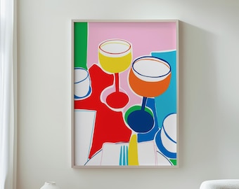 Colorful Wine Art, Abstract Dining Art, Modern Kitchen Decor, Vibrant Wine Glasses Print, Kitchen Wall Art, Dining Room Decor, Art for Fo...