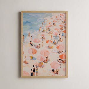 Coastal Wall Art, Retro Beach Painting, Pastel Art, Vintage Bathroom Decor, Girly Apartment Bedroom Decor, Pink Coastal Wall Decor