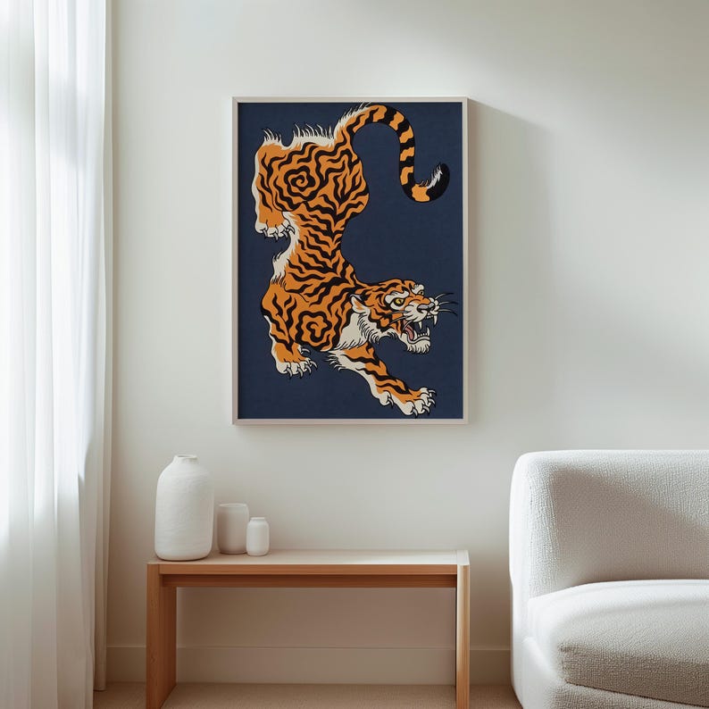 Japanische Tigerkunst, mutige traditionelle Wandkunst, wildes Tigerdekor, Tierwanddekor, einzigartiger Tigerdruck, asiatische Wandkunst, Dschungeldekor Bild 9