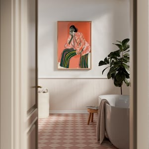 Abstract Art, Modern Wall Decor, Feminine Art Print, Abstract Woman in Patterned Pink Jacket, Stylish Home Decor, Unique Wall Art image 3