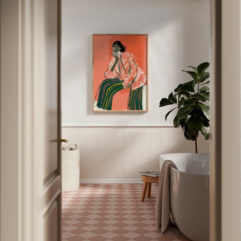 Abstract Art, Modern Wall Decor, Feminine Art Print, Abstract Woman in Patterned Pink Jacket, Stylish Home Decor, Unique Wall Art image 3