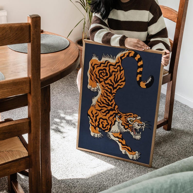 Japanische Tigerkunst, mutige traditionelle Wandkunst, wildes Tigerdekor, Tierwanddekor, einzigartiger Tigerdruck, asiatische Wandkunst, Dschungeldekor Bild 7