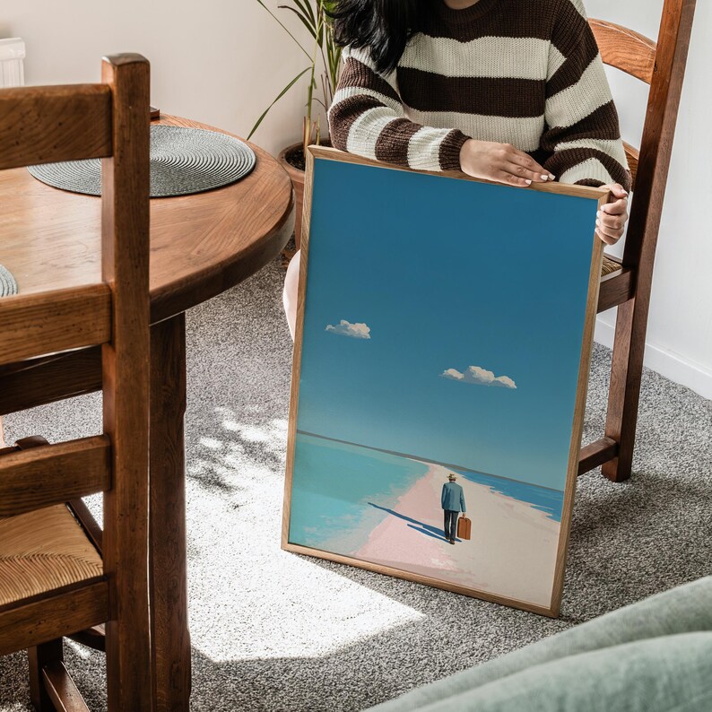 Surreal Wall Art, Beach Art Print, Modern Surreal Art, Man Walking on Beach, Blue Sky Decor, Unique Wall Decor, Fine Art Print image 3