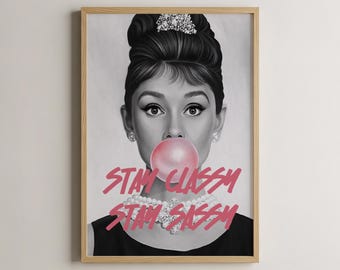 Stampa artistica ad acquerello di Audrey Hepburn, arredamento vintage di Hollywood
