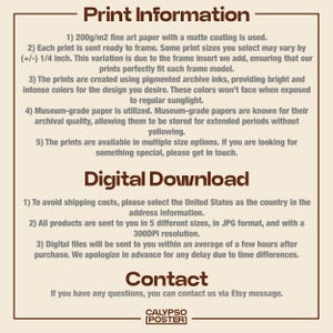 Pu&ograve; includere: Un poster beige presenta informazioni sulla stampa e sui download digitali. Dettaglia la carta artistica, gli inchiostri pigmentati e i file JPG. Sono fornite anche informazioni di contatto.