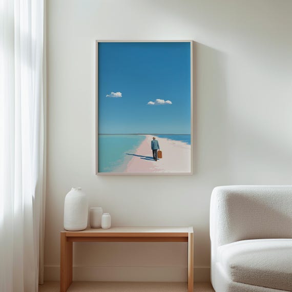 Surreal Wall Art, Beach Art Print, Modern Surreal Art, Man Walking on Beach, Blue Sky Decor, Unique Wall Decor, Fine Art Print