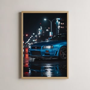 May include: A framed print of a blue sports car parked on a wet street at night. The car's headlights are on, and the city lights reflect in the water. The car is a vibrant blue, and the overall scene is dark and moody.