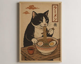 Ramen Cat Poster, Cute Cat Wall Art, Japanese Art Print, Anime Style Decor, Kawaii Noodle Lover Gift, Asian Food Illustration