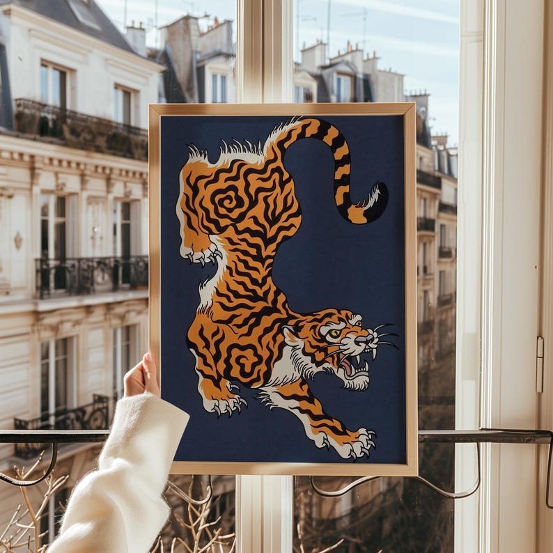 Japanische Tigerkunst, mutige traditionelle Wandkunst, wildes Tigerdekor, Tierwanddekor, einzigartiger Tigerdruck, asiatische Wandkunst, Dschungeldekor Bild 10