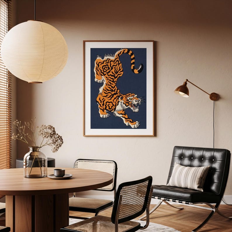 Japanische Tigerkunst, mutige traditionelle Wandkunst, wildes Tigerdekor, Tierwanddekor, einzigartiger Tigerdruck, asiatische Wandkunst, Dschungeldekor Bild 8