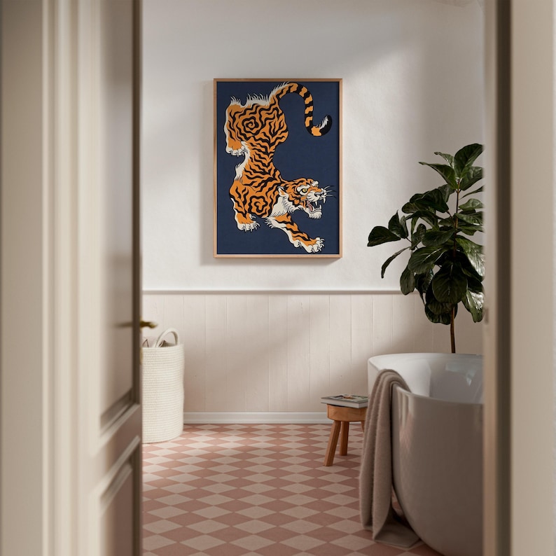 Japanische Tigerkunst, mutige traditionelle Wandkunst, wildes Tigerdekor, Tierwanddekor, einzigartiger Tigerdruck, asiatische Wandkunst, Dschungeldekor Bild 6