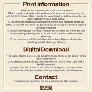 May include: Print information and digital download details are displayed on a beige background. The text describes the fine art paper, archival inks, and digital file formats available. Contact information is also provided.