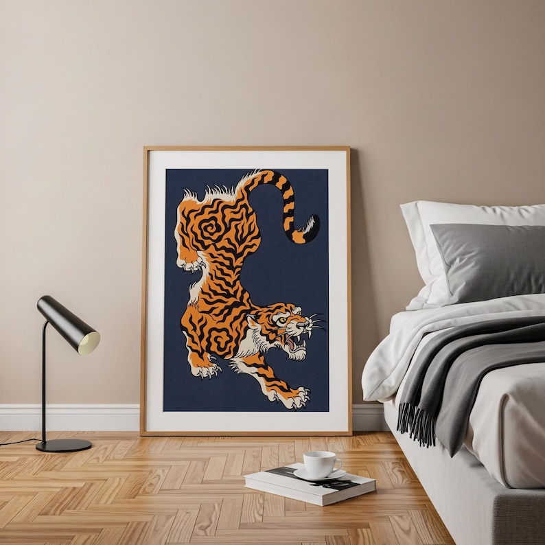 Japanische Tigerkunst, mutige traditionelle Wandkunst, wildes Tigerdekor, Tierwanddekor, einzigartiger Tigerdruck, asiatische Wandkunst, Dschungeldekor Bild 2