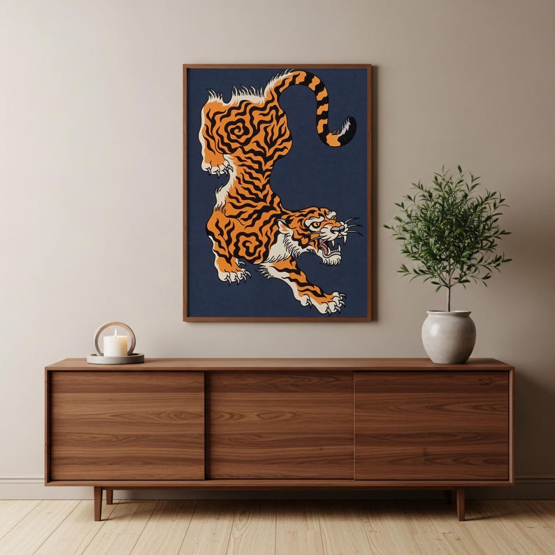 Japanische Tigerkunst, mutige traditionelle Wandkunst, wildes Tigerdekor, Tierwanddekor, einzigartiger Tigerdruck, asiatische Wandkunst, Dschungeldekor Bild 3