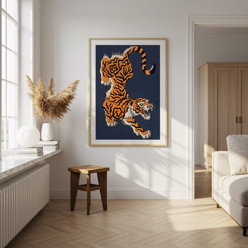Japanische Tigerkunst, mutige traditionelle Wandkunst, wildes Tigerdekor, Tierwanddekor, einzigartiger Tigerdruck, asiatische Wandkunst, Dschungeldekor Bild 5