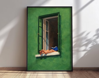 Woman Reading Print, Green Window Poster, Wall art