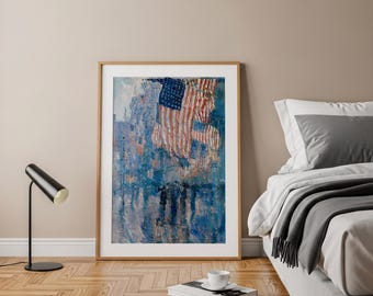 Flaggkonsttryck, historisk amerikansk flaggmålning, blåimpressionistisk väggdekor, patriotisk dekor, vintagekonst, väggkonst för hemmet, unik gåva
