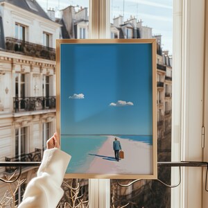 Surreal Wall Art, Beach Art Print, Modern Surreal Art, Man Walking on Beach, Blue Sky Decor, Unique Wall Decor, Fine Art Print image 4