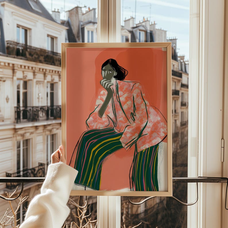 Abstract Art, Modern Wall Decor, Feminine Art Print, Abstract Woman in Patterned Pink Jacket, Stylish Home Decor, Unique Wall Art image 2